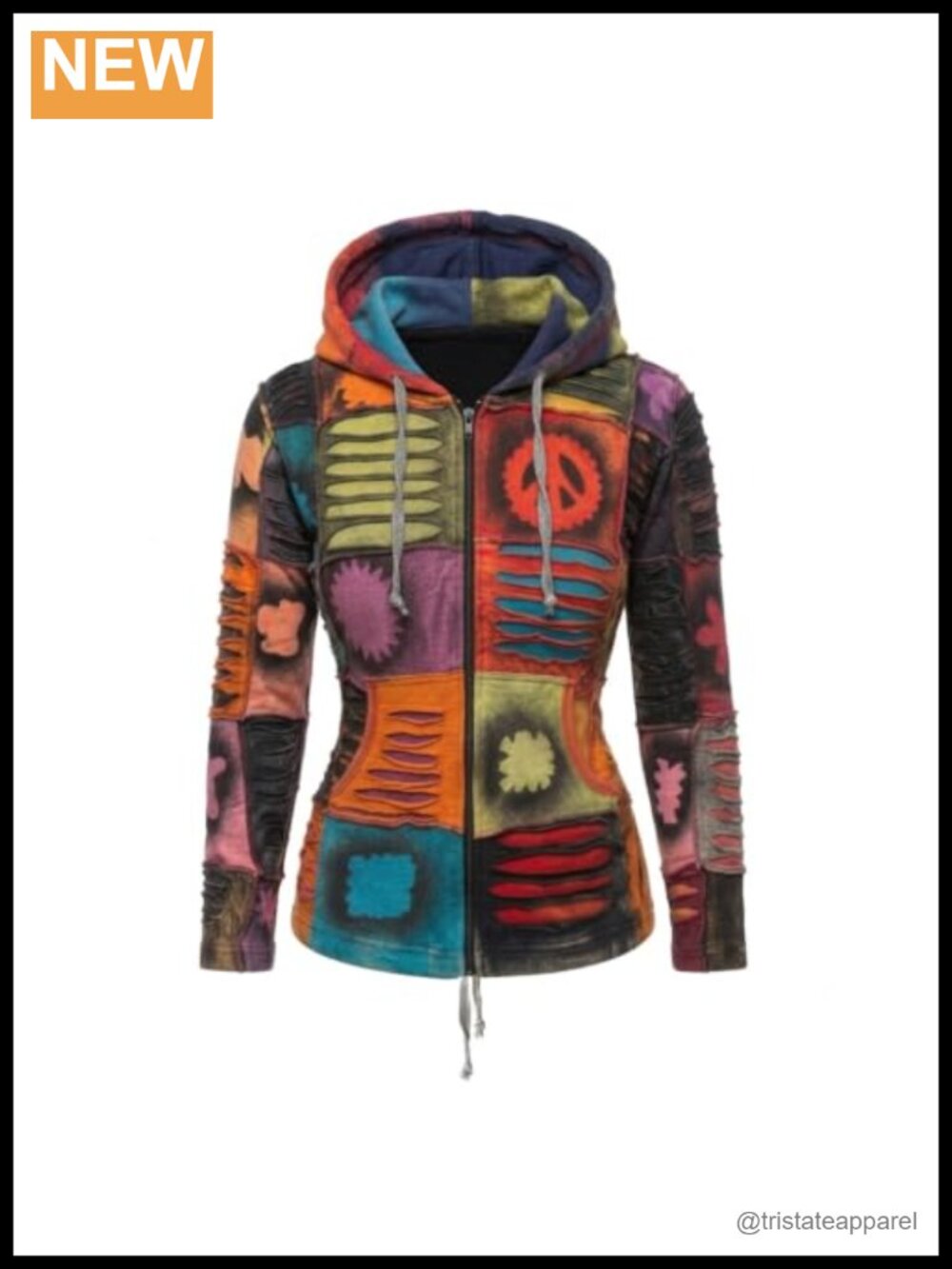 Slashed Patchwork Boho Hoodie Jacket Zip Up Cardigan for Women